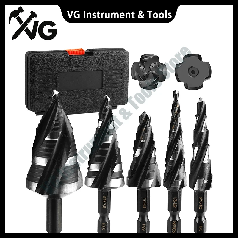 5pcs-high-speed-bearing-steel-hss4341-stainless-steel-cut-out-step-drill-bit-pagoda-drill-bit-quad-slotted-reaming-drill