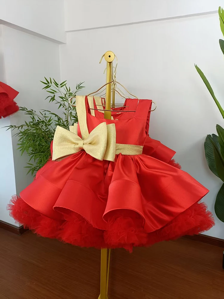 Girls Princess Dress Kids Dress Red Dress Big Bow Elegant Mesh Birthday Celebration New Year Festive Clothes Kids Clothes