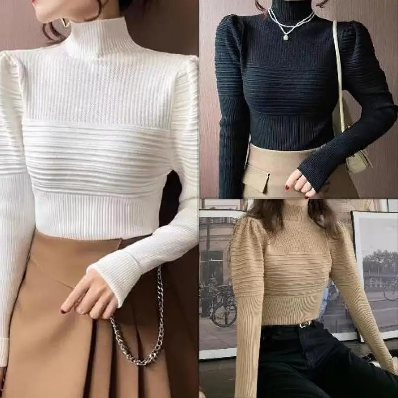 

Autumn Knitted Bottom Shirt Women Half High Neck Puff Sleeve Elastic Slim Sweater Top