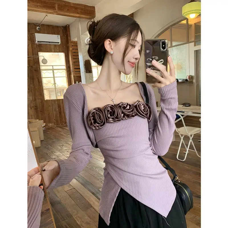 

Необычный трехмерный цветок с длинными рукавами, женский новый универсальный модный костюм с высокой талией, сладкий и пряный топ, закрывающий телесный цвет