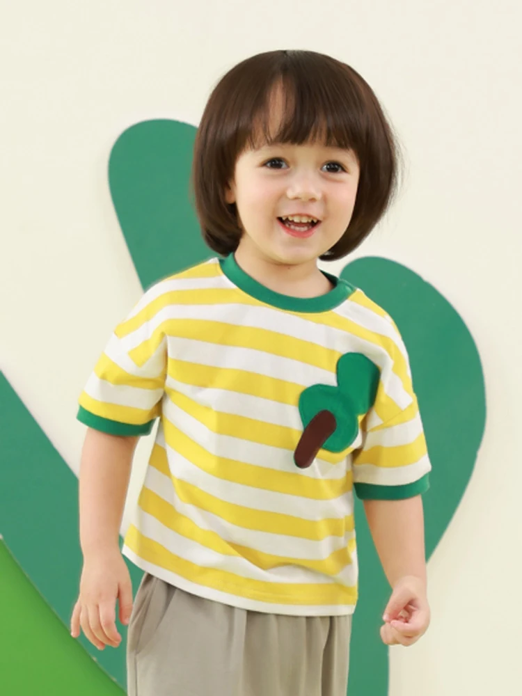 

Fashion Baby Boys T-shirt 2023 Summer New O-Neck Stripe Contrast Edge Cartoon Applique Tops Tees Children Casual Top