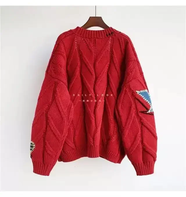 여성용 자수 니트 가디건, 따뜻한 긴팔 스웨터, 레터 프린트 패킷 점퍼, 가을 겨울 루즈 스웨터, 신상