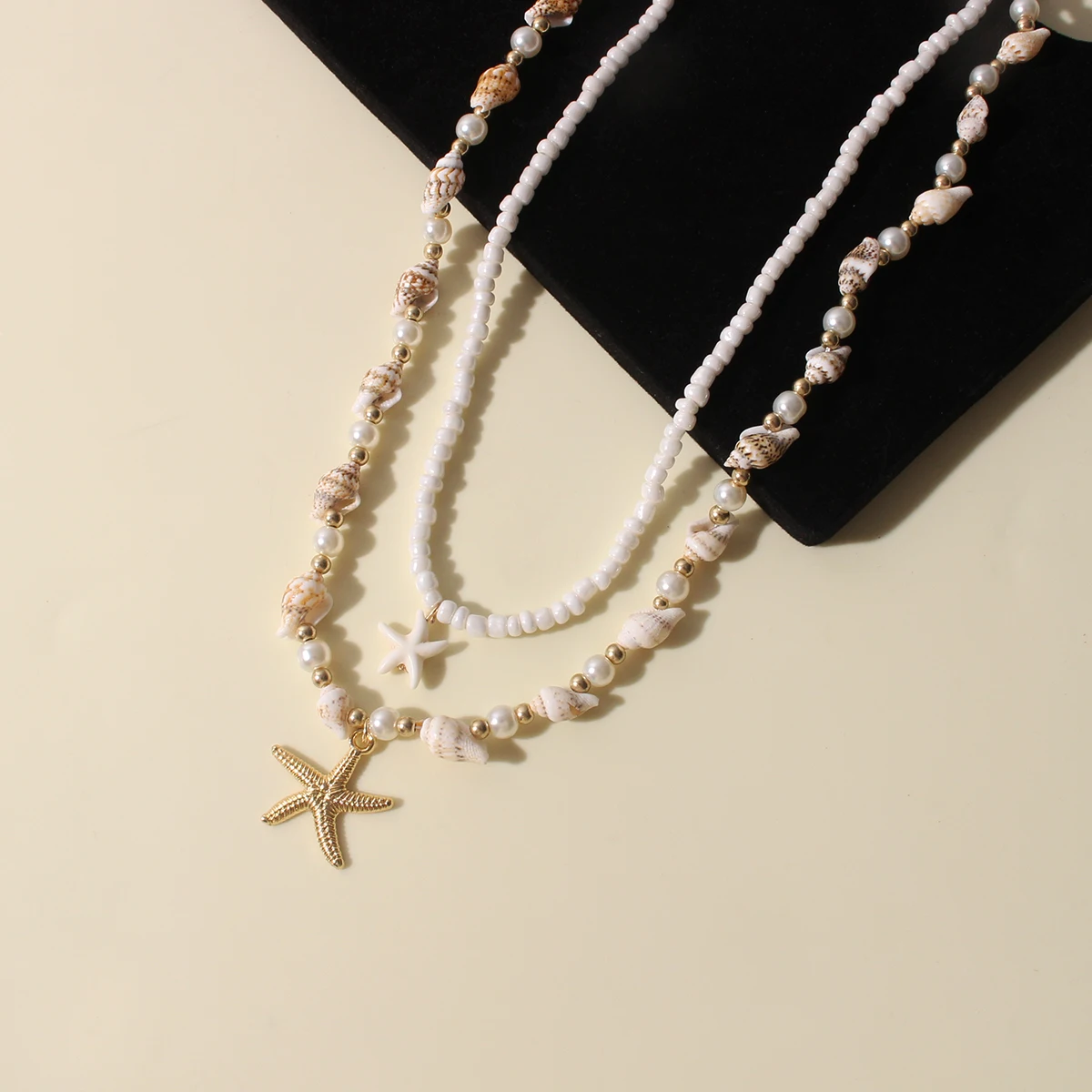2PCS Bohemian-style beach resort style shell starfish rice bead necklace, creative starfish pendant collarbone chain image 3