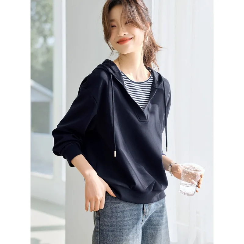 Women's Clothing Hooded Hoodies Sweatshirts Commuting Patchwork Contrast Colours Stripe Casual Sweatshirts Spring New Hooded Top