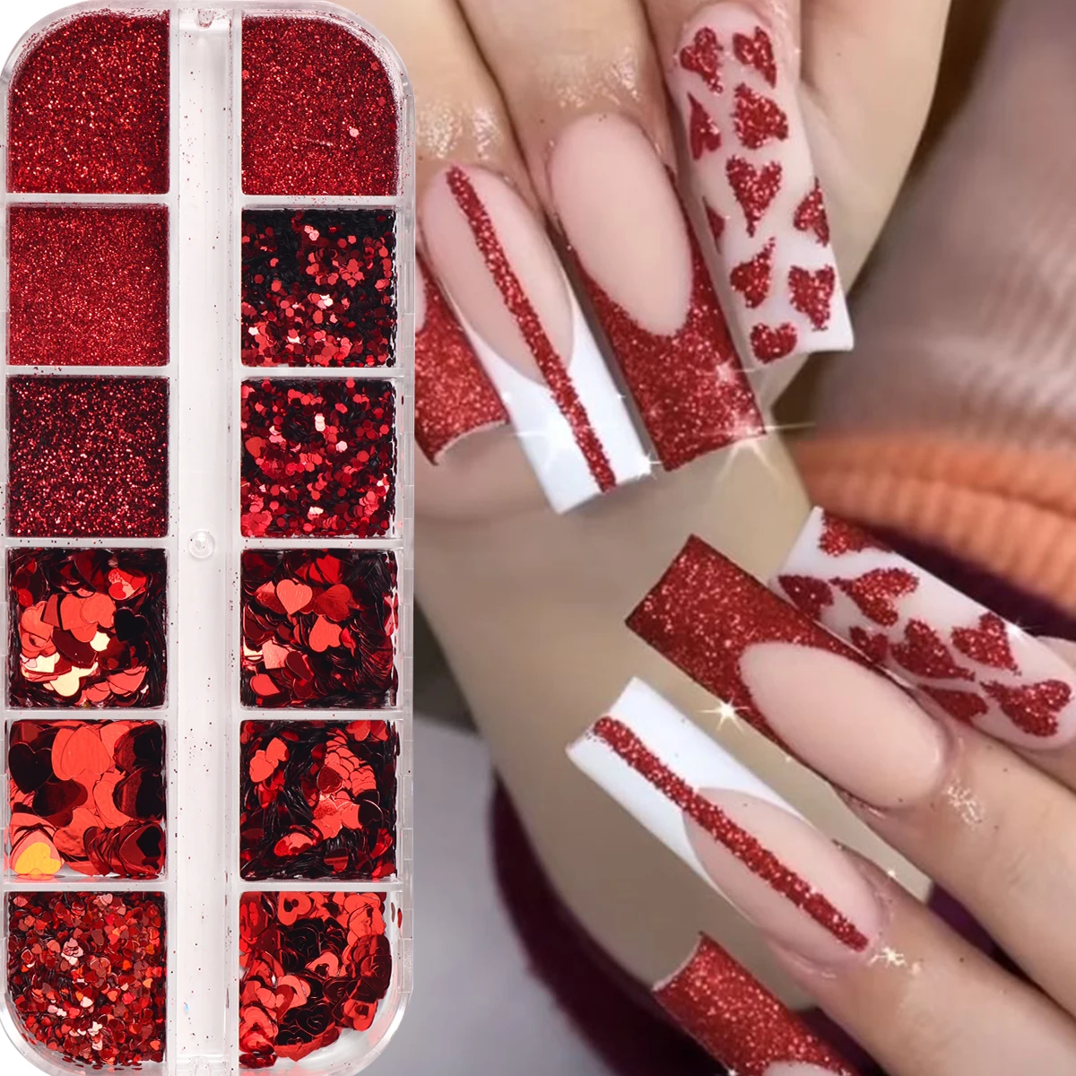 12 Grids Red Heart-Shaped Nail Glitter Sequins, Holographic Red Love Nail Charms Nail Powder, Pigment for Valentine'S Day & New