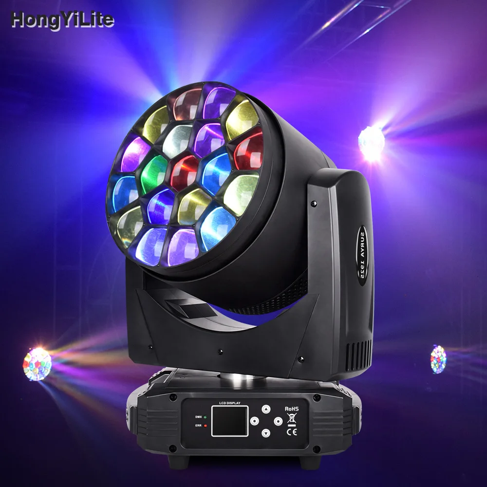 HongYiLite Professional Moving Head Light 19x25W LED RGBW DMX512 Sound Control 4 60 Zoom Dimming Strobe for Stage Disco Wedding
