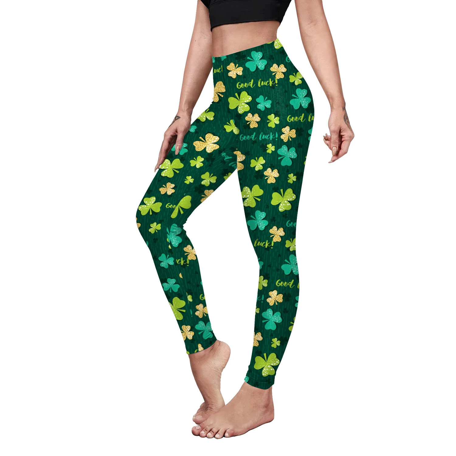 Womens Green Clover Printed Leggings St Patricks Irish Funny National Carnival Streetwear Pants High Waist Elastic Fitness Legin