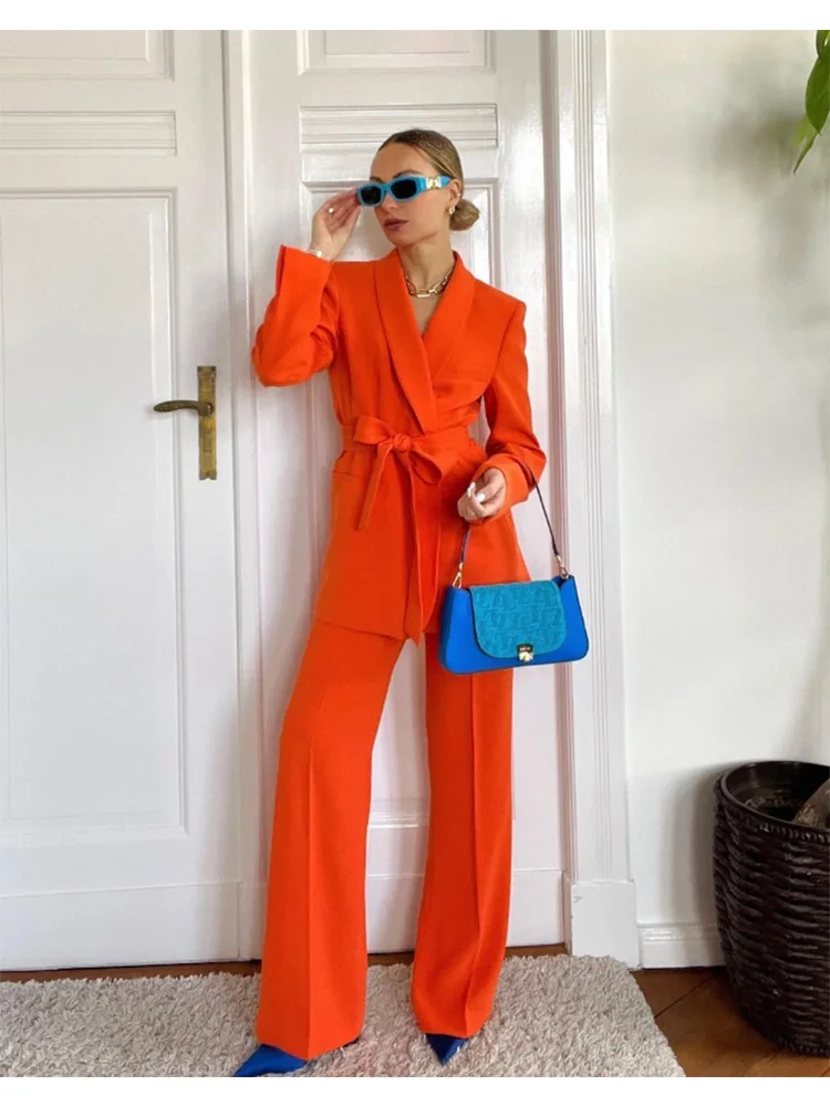 TRAF Women 2023 Elegant Blazer Suits Sets Fashion Long Sleeve Jacket With Belt Solid High Waisted Baggy Wide Leg Pants