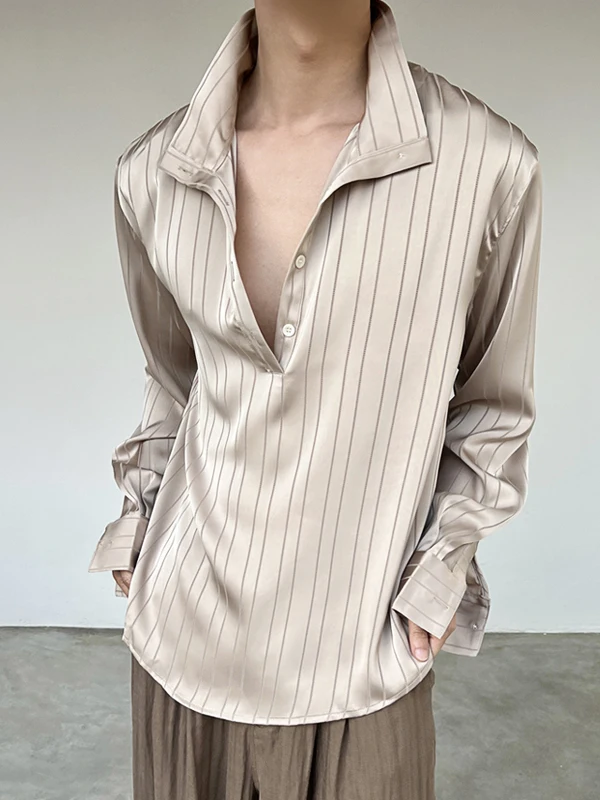 

Мужская шелковая полоска Long Sve irt, повседневная верхняя одежда, четыре сезона, подходящая французская одежда, свободная посадка, молодежная мода