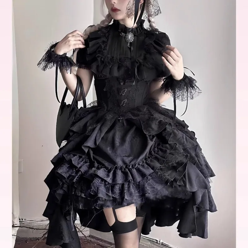 IOOTIANY Japanisches, dunkles Gothic-Lolita-Kostüm im Cosplay-Stil, Damen-Kleid mit schmaler Taille, vielseitiges Spitzenkleid im Prinzessinnen-Stil, Y2k-Kleid. – Detail 9