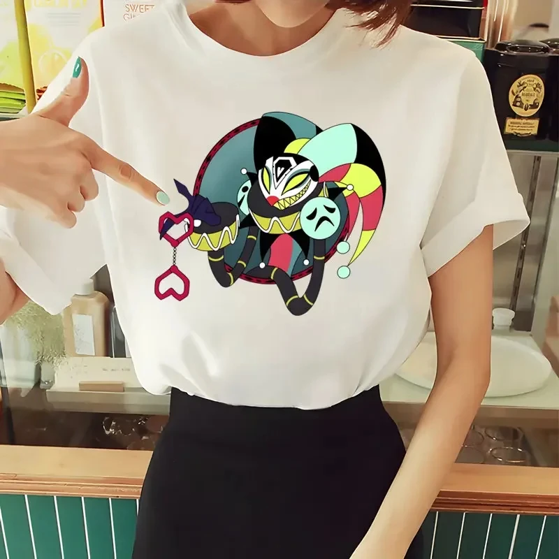 المرأة Helluva Boss تي شيرت الصيف القطن قصير الأكمام تي شيرت مطبوع مضحك خمر Harajuku قمم تي شيرت السيدات الشارع الشهير