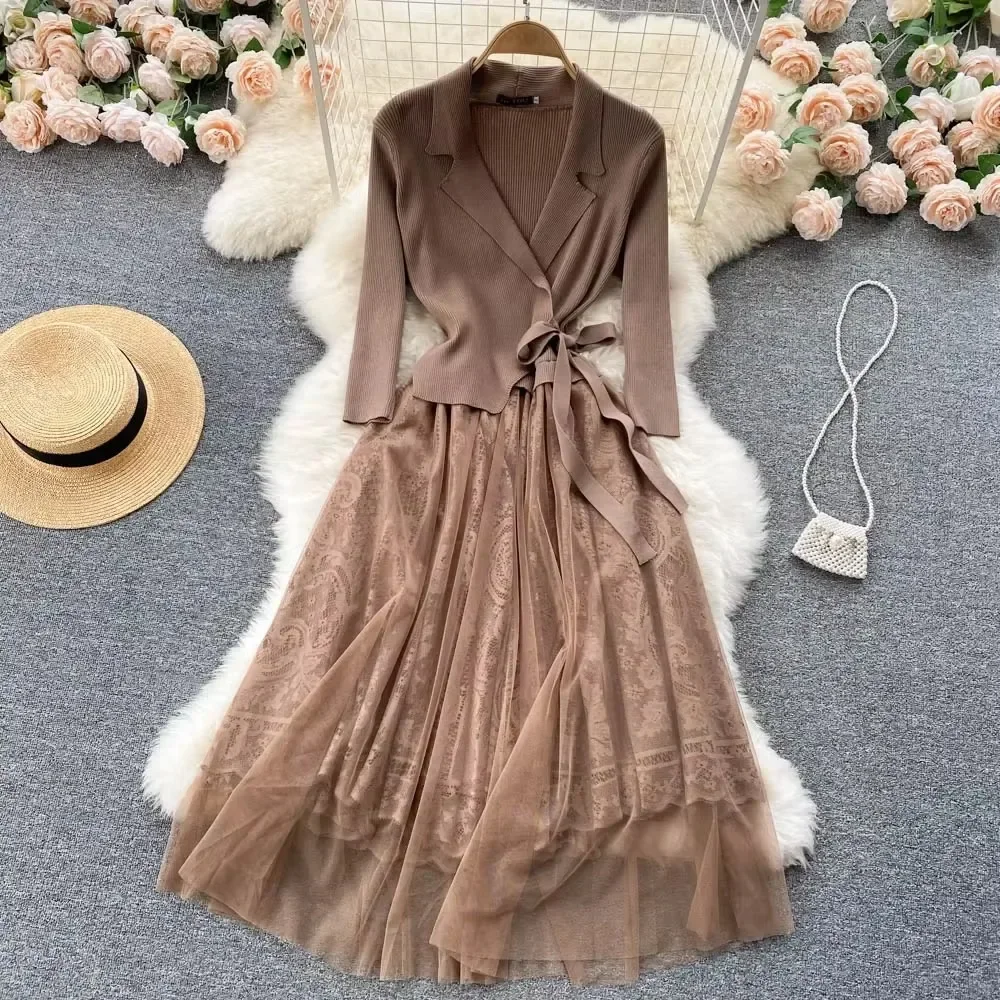 French Vintage Two Pieces Sets  Notched lool sleeve lace-up mesh sweet A-line Chic PATCHWORK Women Summer dresses