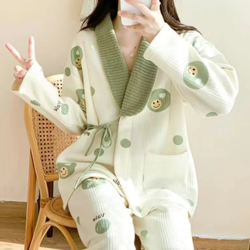 Nieuwe Dikker Lucht Katoenen Opsluitkleding Vrouwen Grote Maat V-Hals Verpleegkundige Pyjama Set Casual Comfortabele Homewear Pak 2025