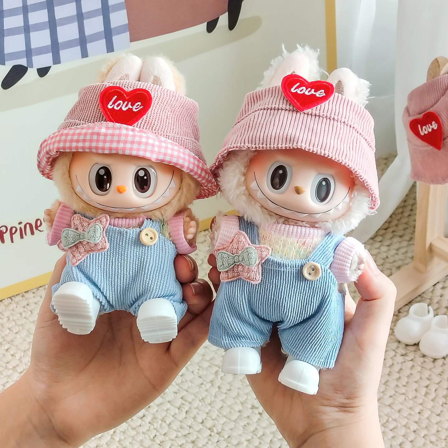 Süßes Outfit-Set für Labubu V1 V2 V3, Vinyl-Schlüsselanhänger, Overalls mit Fischerhut, bezaubernde Puppenkleidung zum Dekorieren