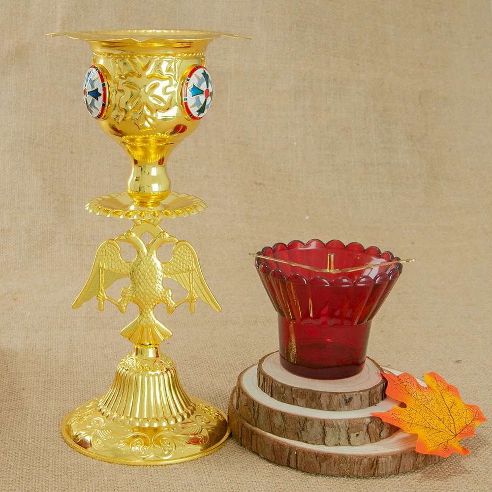 Ornate Intricate Sculpted Double Eagle Luxury Gold Orthodox Votive Candlestick Enamel Cross Premium Red Glass Cup Cathedral Reli