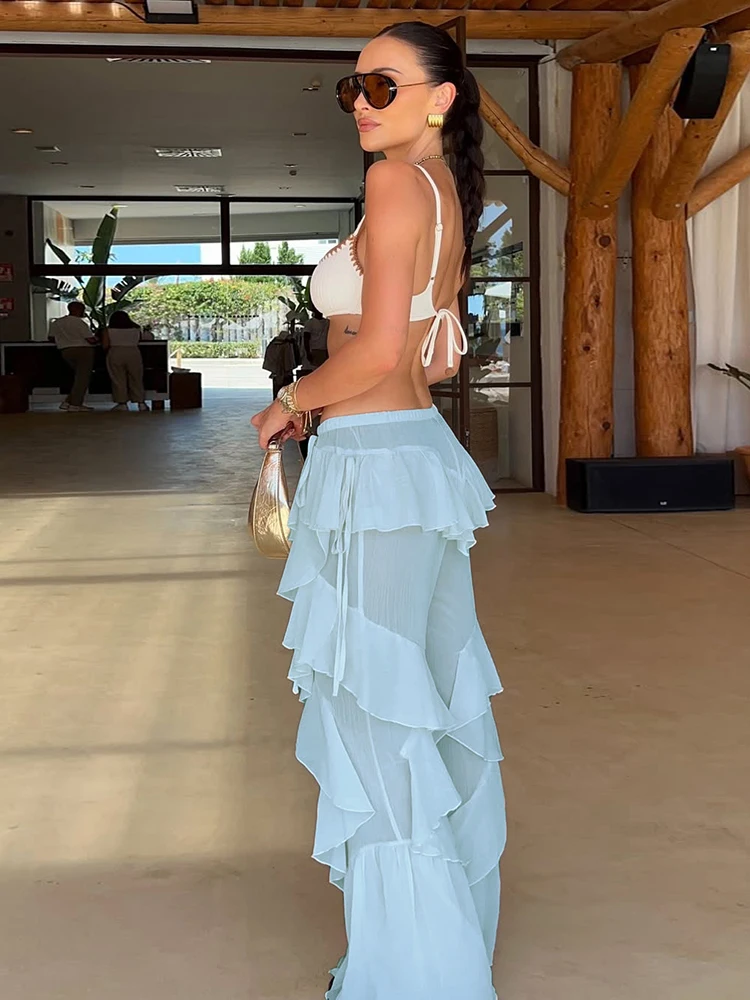 سراويل نسائية شبكية مرقعة من Kliou موضة جديدة متينة غير منتظمة بطيات عالية الخصر سراويل مستقيمة فضفاضة ملابس خروج أنيقة