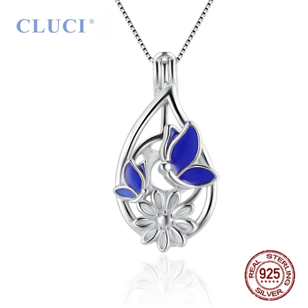 

CLUCI 3pcs Women 100% 925 Sterling Silver Water Drop Blue Butterfly Cage Pendant DIY Pearl Bloom Girls Charms Gift SC453SB