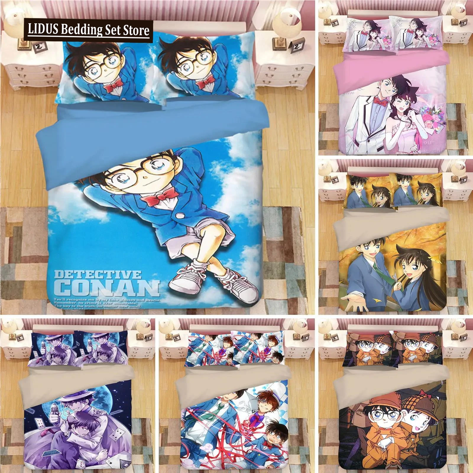 Detective Conan Bedding Anime New Cartoon Bedclothes Character Sets Twin Queen King Size Duvet Cover Pillowcase Home Textiles