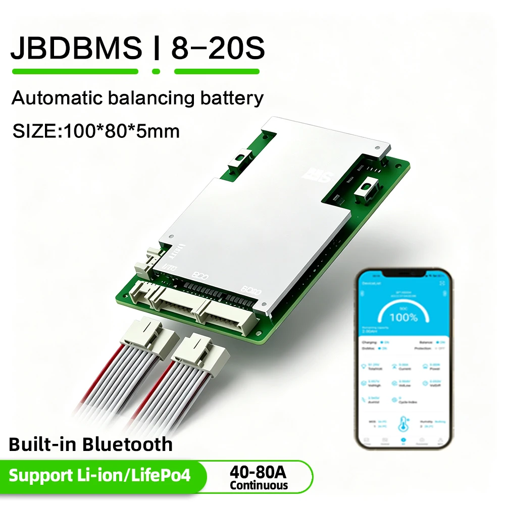 jbd bms 36v 48v 60v 40a 50a 60a 80a 7s 8s 10s 11s 12s 13s 14s 15s 16s 17s 18s 20s smart bms support li-ion lifepo4 with BT uart