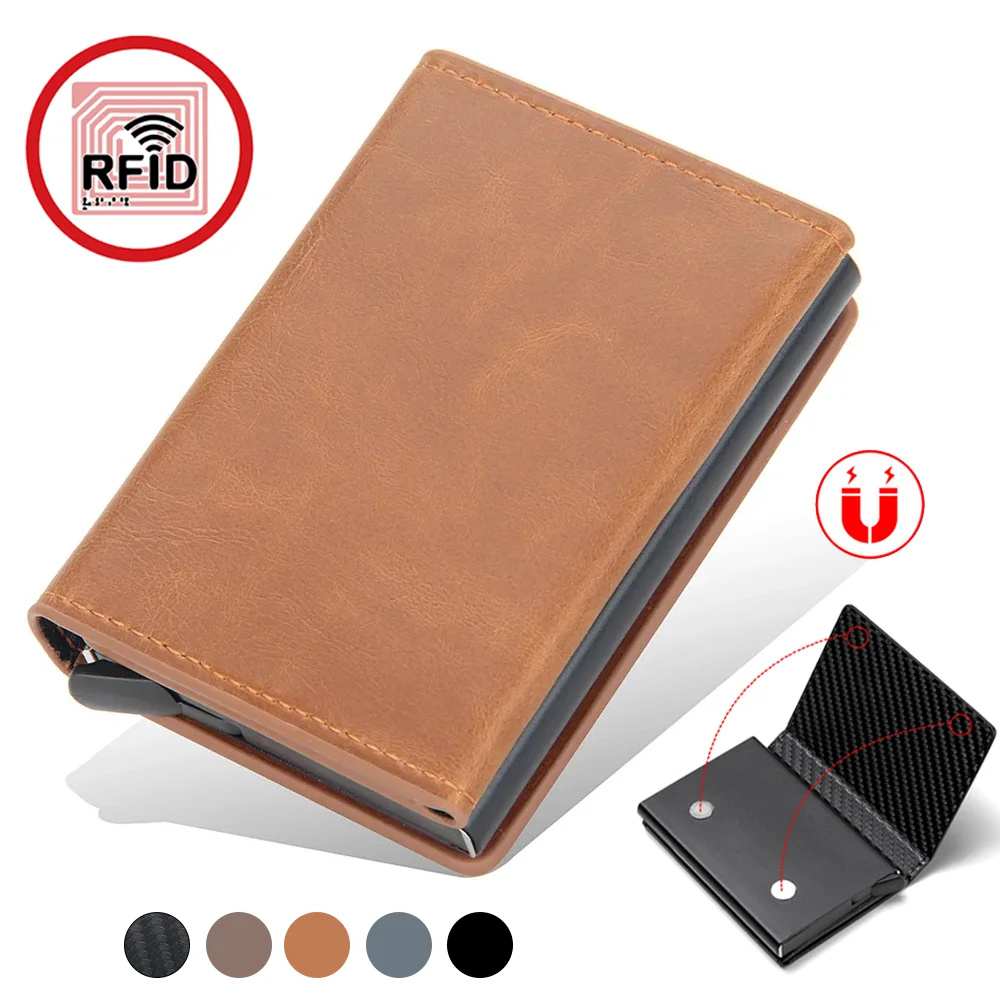 2024 Magnet Anti Rfid Blocking ID Credit Card Holder Case for Men Leather ID Bank Wallets with Magnetic Buckle Closer Cardholder