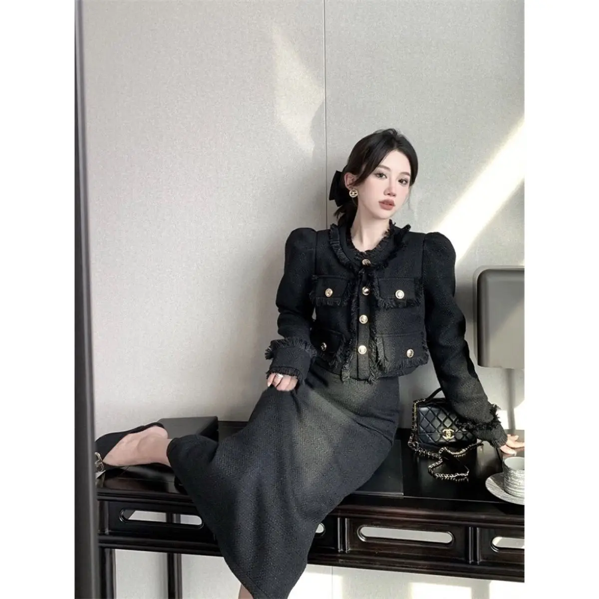 UNXX Autumn French-style Chic Short Jacket + Half-skirt Two-Piece Set Elegant Dress  for Women with A Long Skirt High Quality