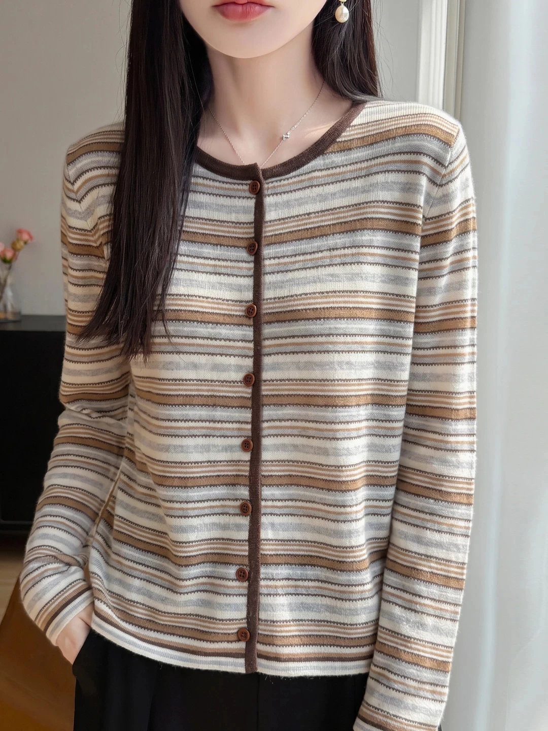 Retro Color Block Striped Knitted Open Cardigan Women's round Neck Versatile Small Size Layering Outerwear Knitted Base Sweater