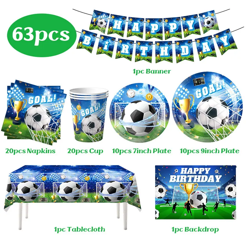Geburtstags-Fußball-Dekoration Fußball-Themen-Tischgeschirr Tasse Teller Tischdecke Hintergrund für Kinder Tortendekoration Banner Party-Zubehör – Detail 3