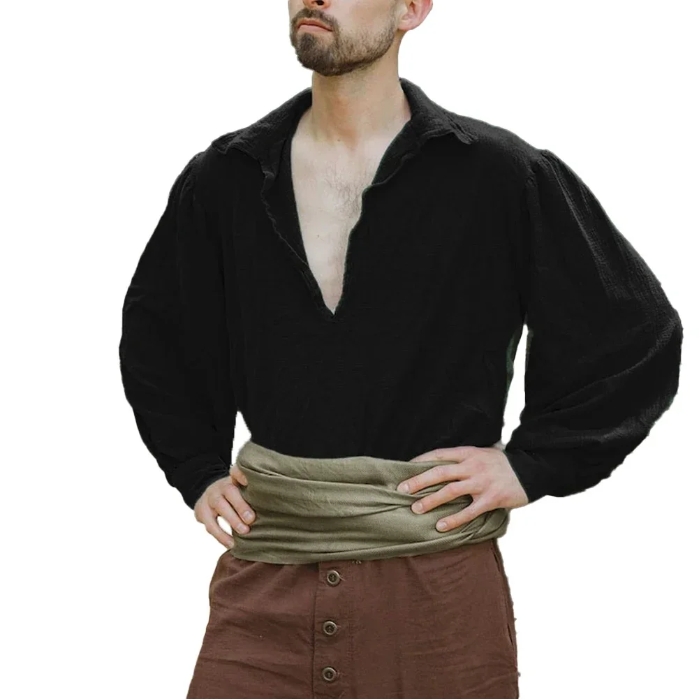 Vintage Pirate Captain Shirt Men's Medieval Renaissance Costume Tops Comfortable Slim Fit V Neck Fashion Shirt