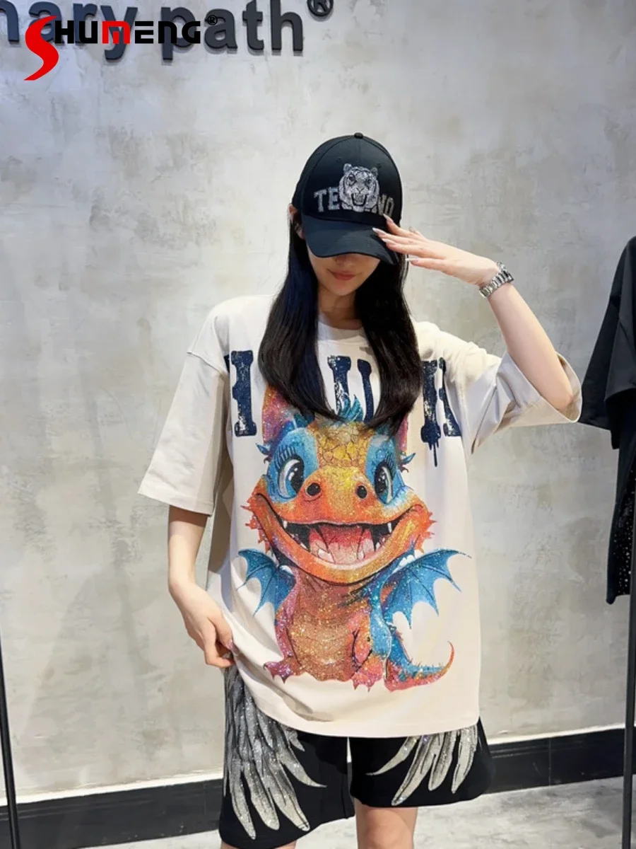 

2024 Summer Trendy Feminine T-shirt Men's Women's Hot Rhinestone Dinosaur Oversize High-End Cotton T-Shirts Loose Comfort Tops