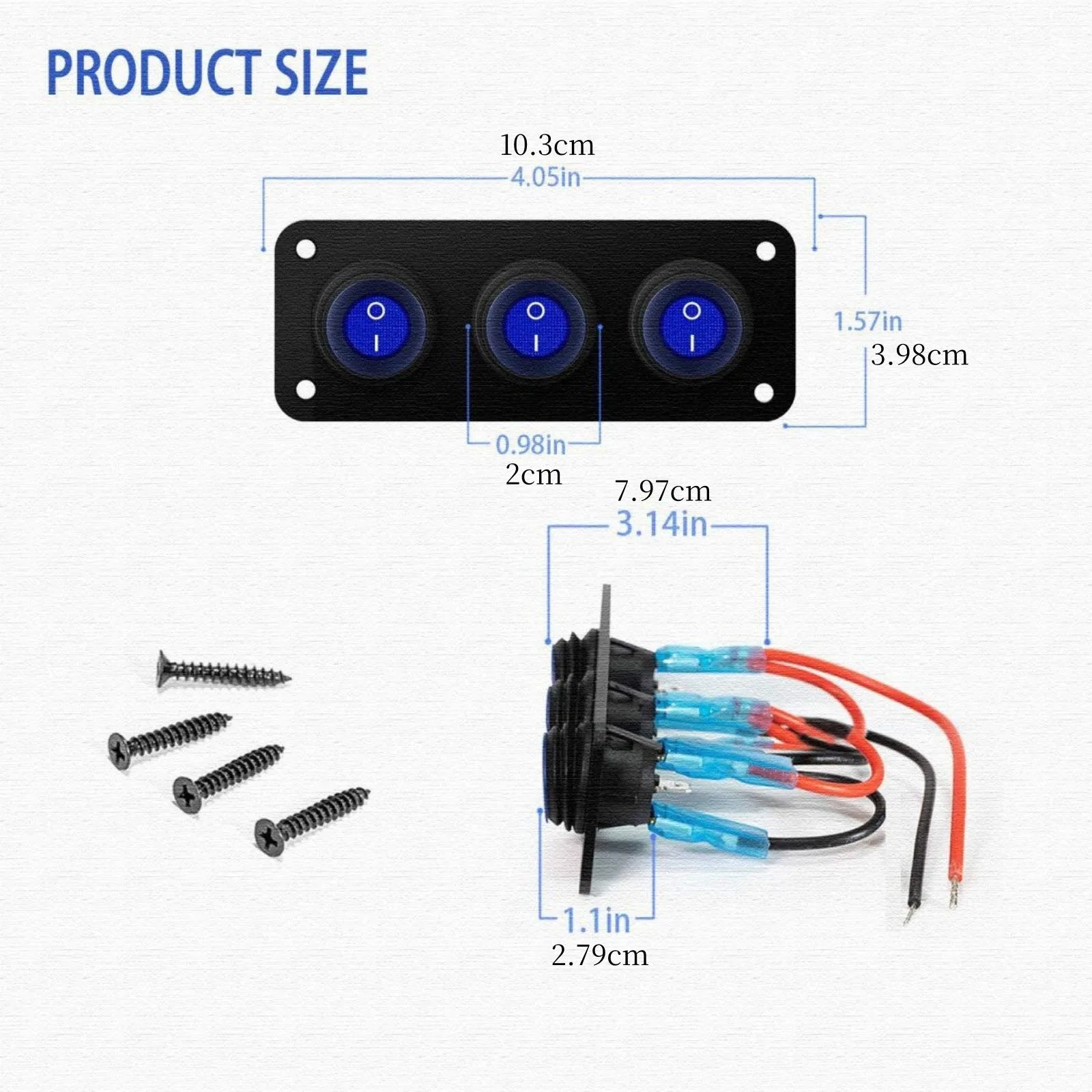 3 Gang 12V 24V 20A Rocker Switch Panel with Pre-wired Harness and Blue LED Light, ON/OFF Toggle Switch Box for Car RV Truck Boat