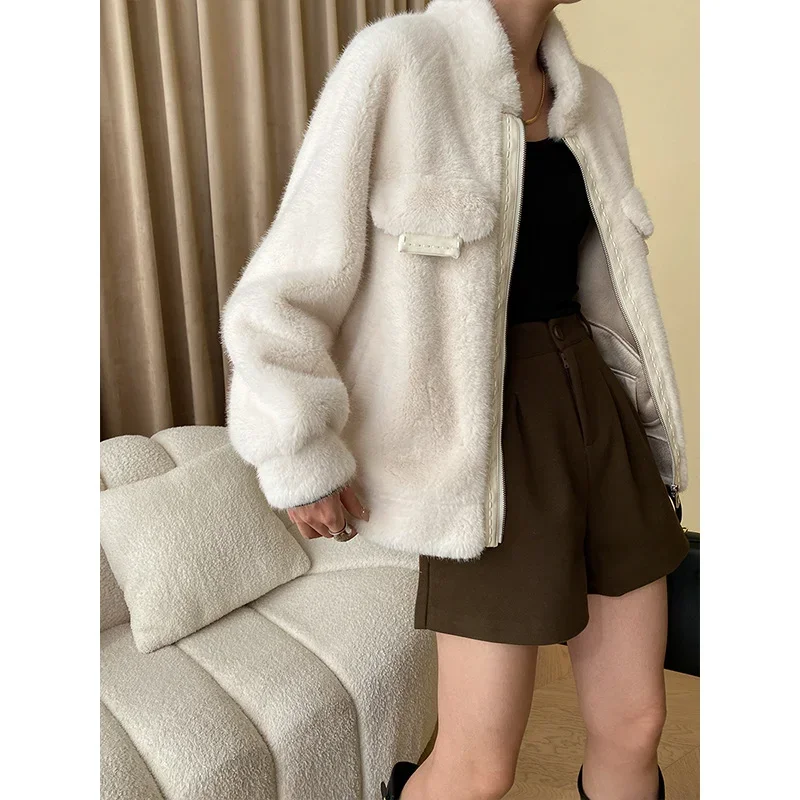 High Quality Casual Stand Collar Fake Fur Jacket Women Fashion Warm Loose Metal Zipper Double Faced Fur Lady Coat Autumn Winter