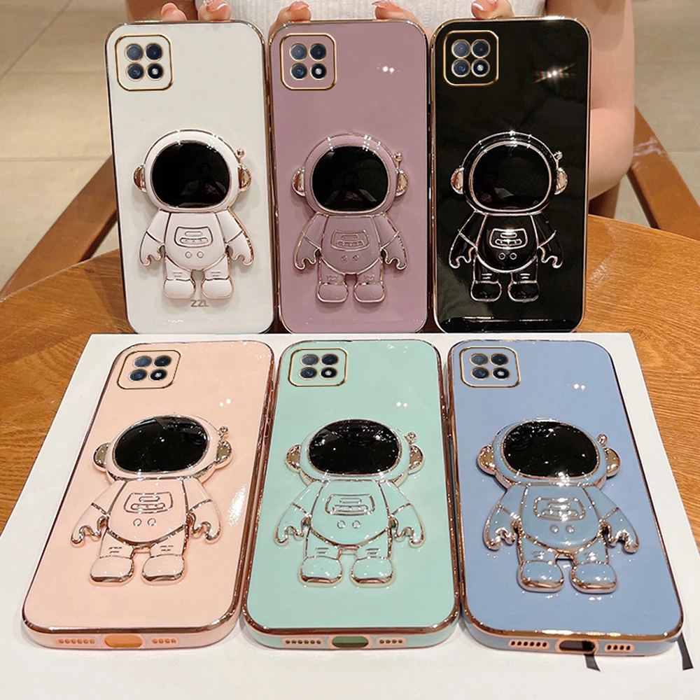 For Oppo A73 5G Case CPH2161 Electroplated astronaut folding stand case For oppoA73 5G Case lens Camera protector silicone cover