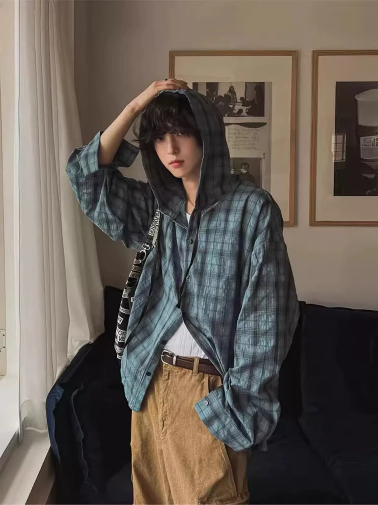 

Синяя клетчатая рубашка с капюшоном, мужская весенне-летняя рубашка в непринужденном стиле, повседневная верхняя одежда с защитой от солнца, стильная рубашка Cleanfit с длинными рукавами