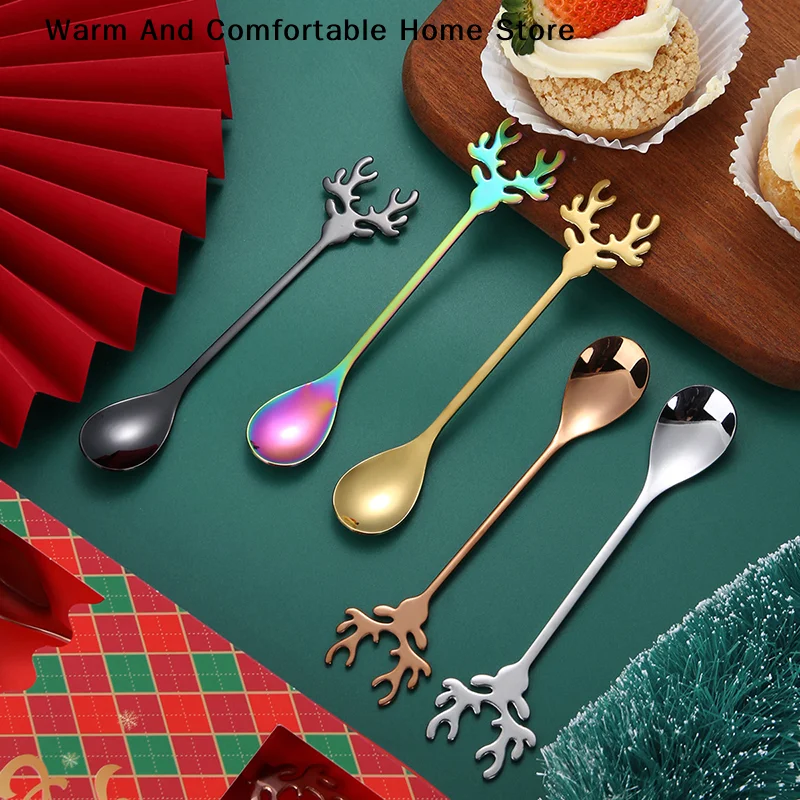 【SE】1PC Stainless Steel Cute Deer Head Mini Ice Cream Spoon Cartoon Christmas Elk Coffee Dessert Stirring Spoon Tableware
