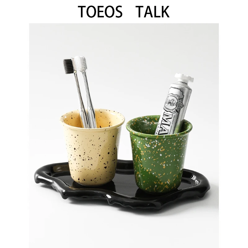 Japanese Style Ceramic Creative Spill Ink Mouth Rinse Cup Toothbrush Cup Wash Cup Set High Aesthetic Hotel Ornament Decorations