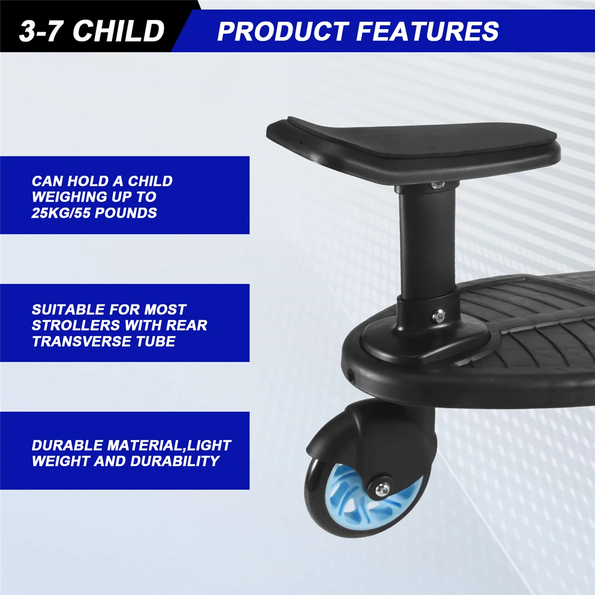 AM-Baby Stroller Wheeled Board Kids Wheel Board Stroller Step Stand Ride on Boards Plate Detachable Seat Blue