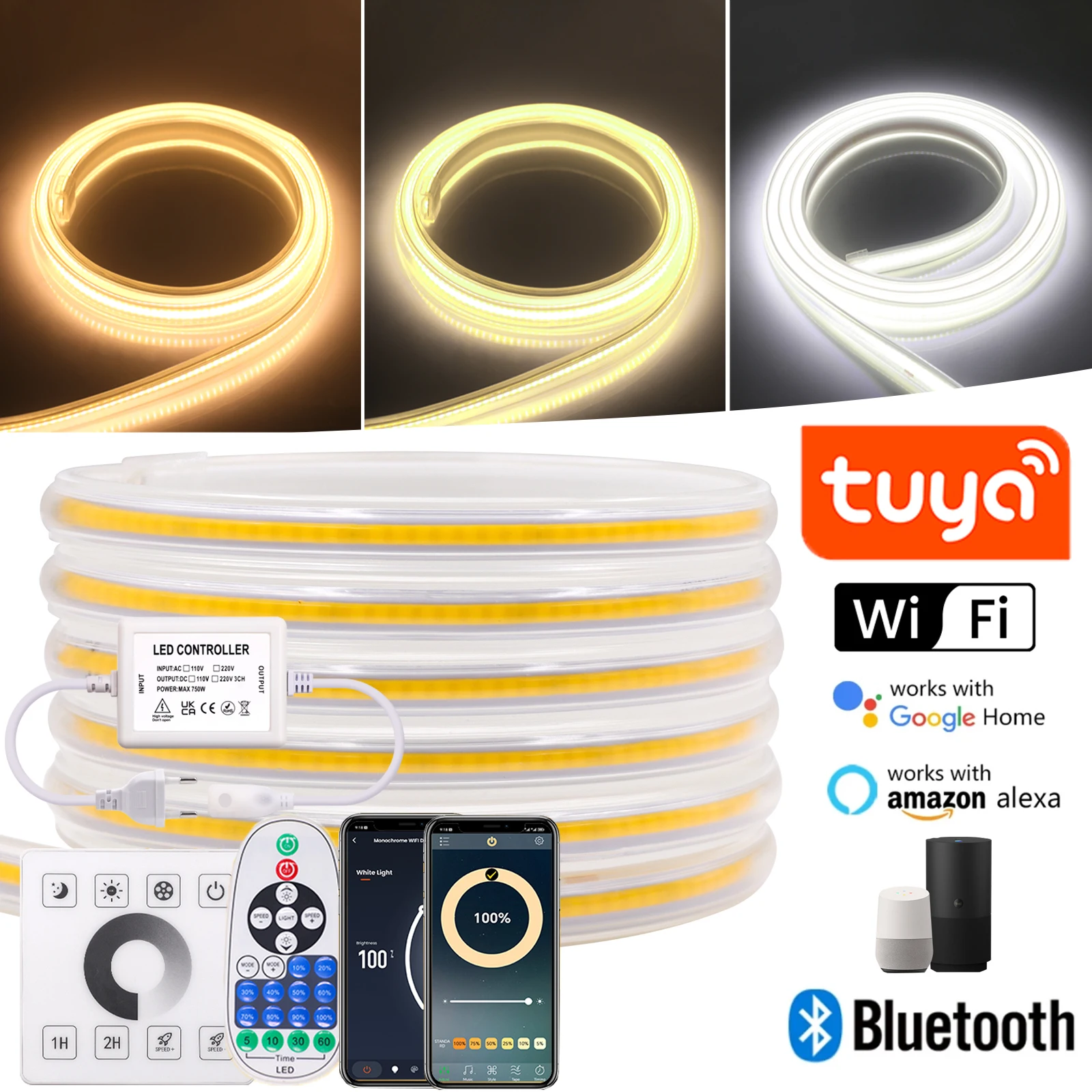 AC 220V Waterproof COB LED Strip Light 288LEDs/m Linear Dimmable Wall Touch Remote Bluetooth Wifi Control Flexible Ribbon Tape