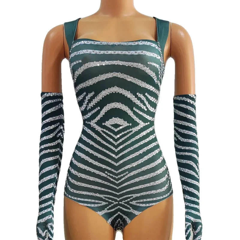 여성 섹시한 고고 댄스 의상 스트라이프 라인 석 바디 슈트 Golves 재즈 댄스 복장 바 나이트 클럽 Ds Dj Rave Wear XS7432