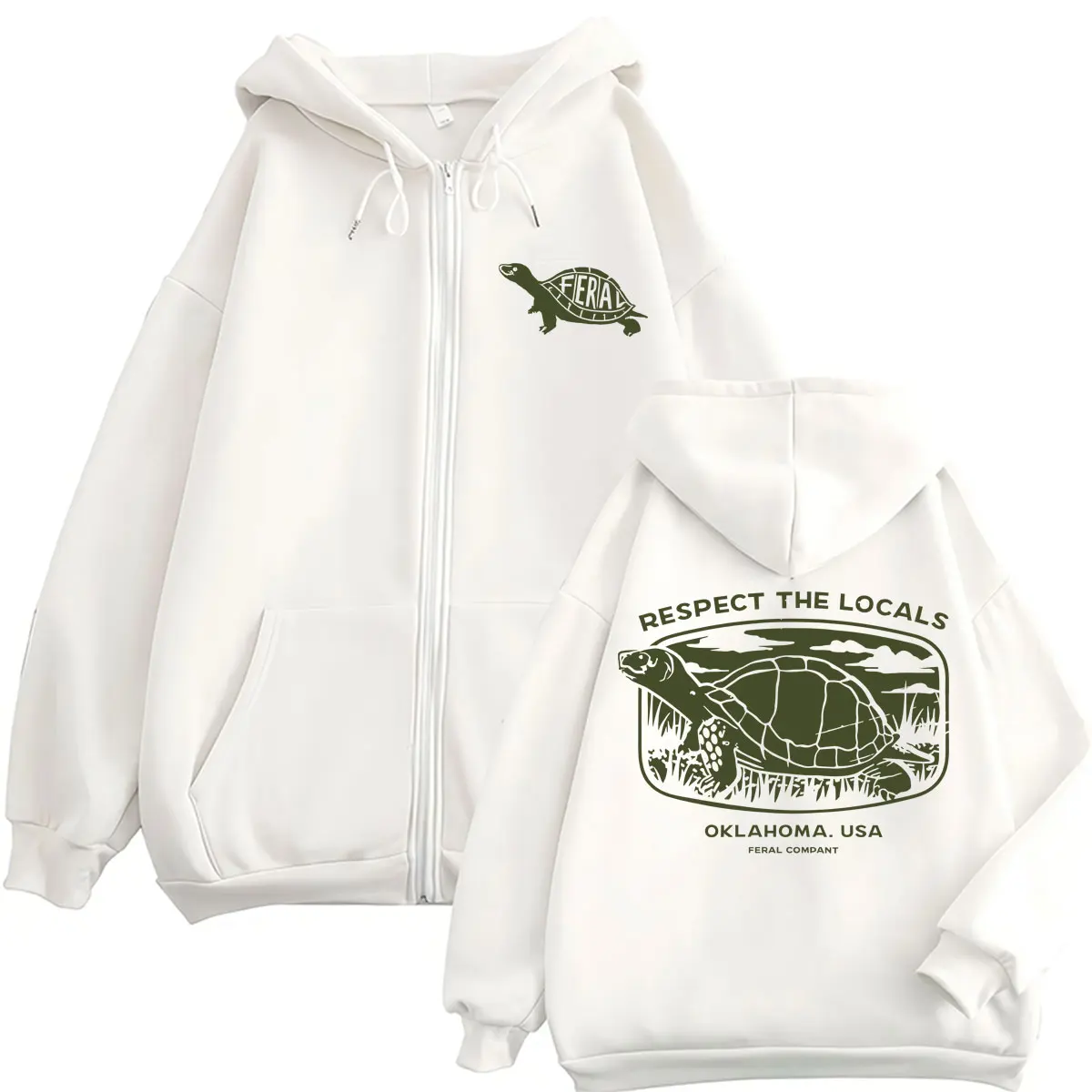 Funny Tortoise Respect The Locals Graphic Zip Up Hoodies Men Women Vintage Fashion Humor Long Sleeve Oversized Fleece Jackets