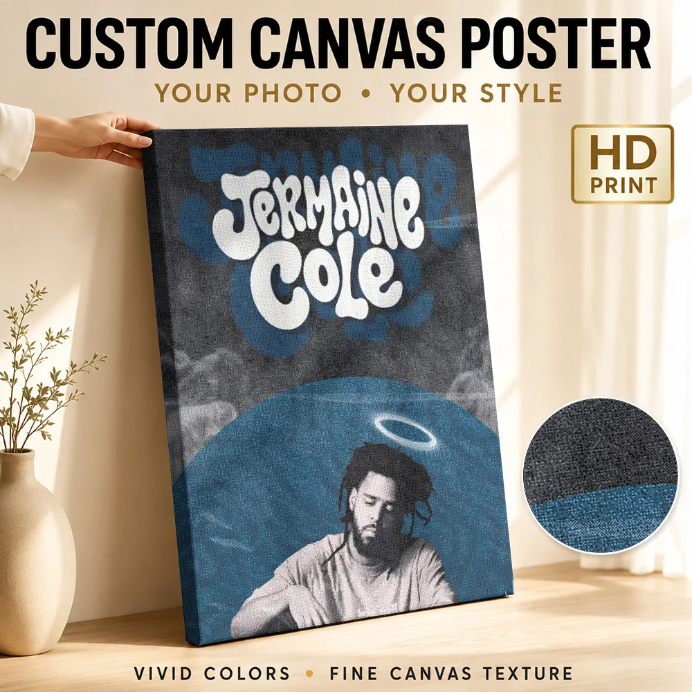 J Cole Halo Portrait Canvas Print Customized Photo Contemporary Wall Art For Bedroom Listening Corner, Record Collector Gift