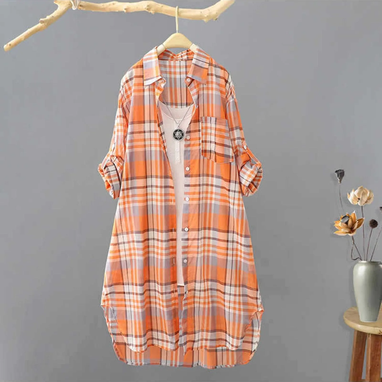 

Women Fashion Plaid Shirt Button Irregular Hem Dress Loose Turndown Collar Long Sleeve Thin Shirt Casual Daily All Match Tops