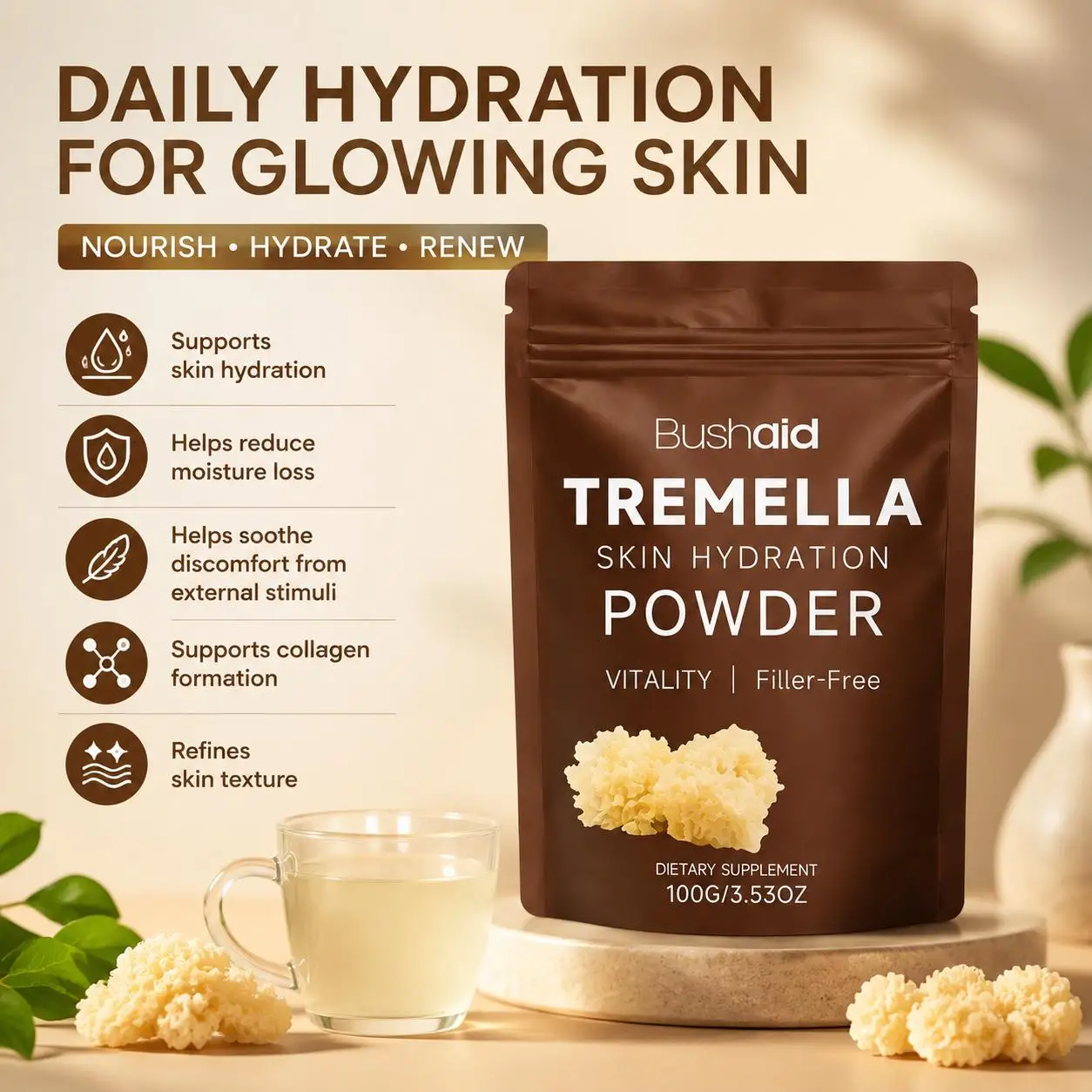Tremella Mushroom Powder 5000mg with 1000mg Beta-Glucans, Filler-Free Radiance Booster, for Glowing Skin & Skin Hydration, 100g