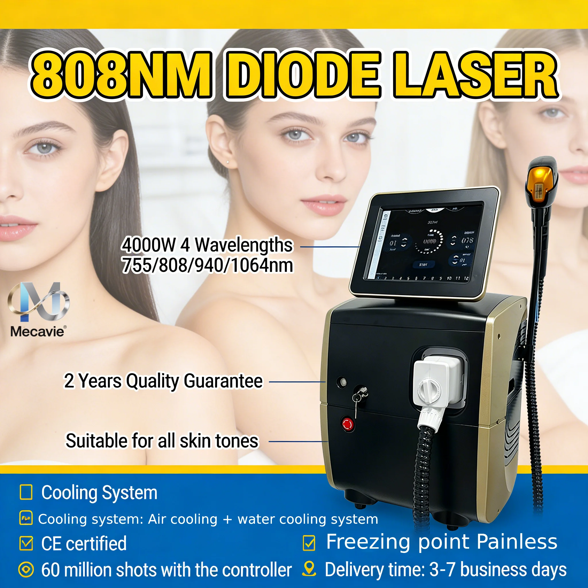 

Лазерный эпилятор Pro Ice Titanium 4000 Вт, 4 длины волны (755/808/940/1064 нм), аппарат для удаления волос на лице и теле для салонов красоты