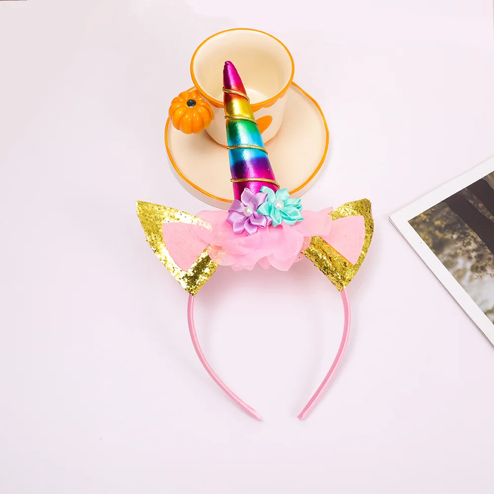 Flower Cat Ears Cute Hairband Children Unicorn Headband Rainbow Wings For Kids Photo Props Birthday Party Hair Accessories