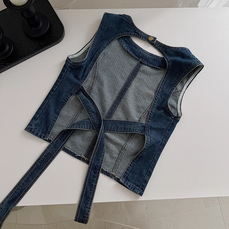 Three-piece Denim Skirts Sets Women Backless Lace-up Vest & Zipper Shorts & Bandage Wrapped Skirts Summer 2026 New Women Outfits