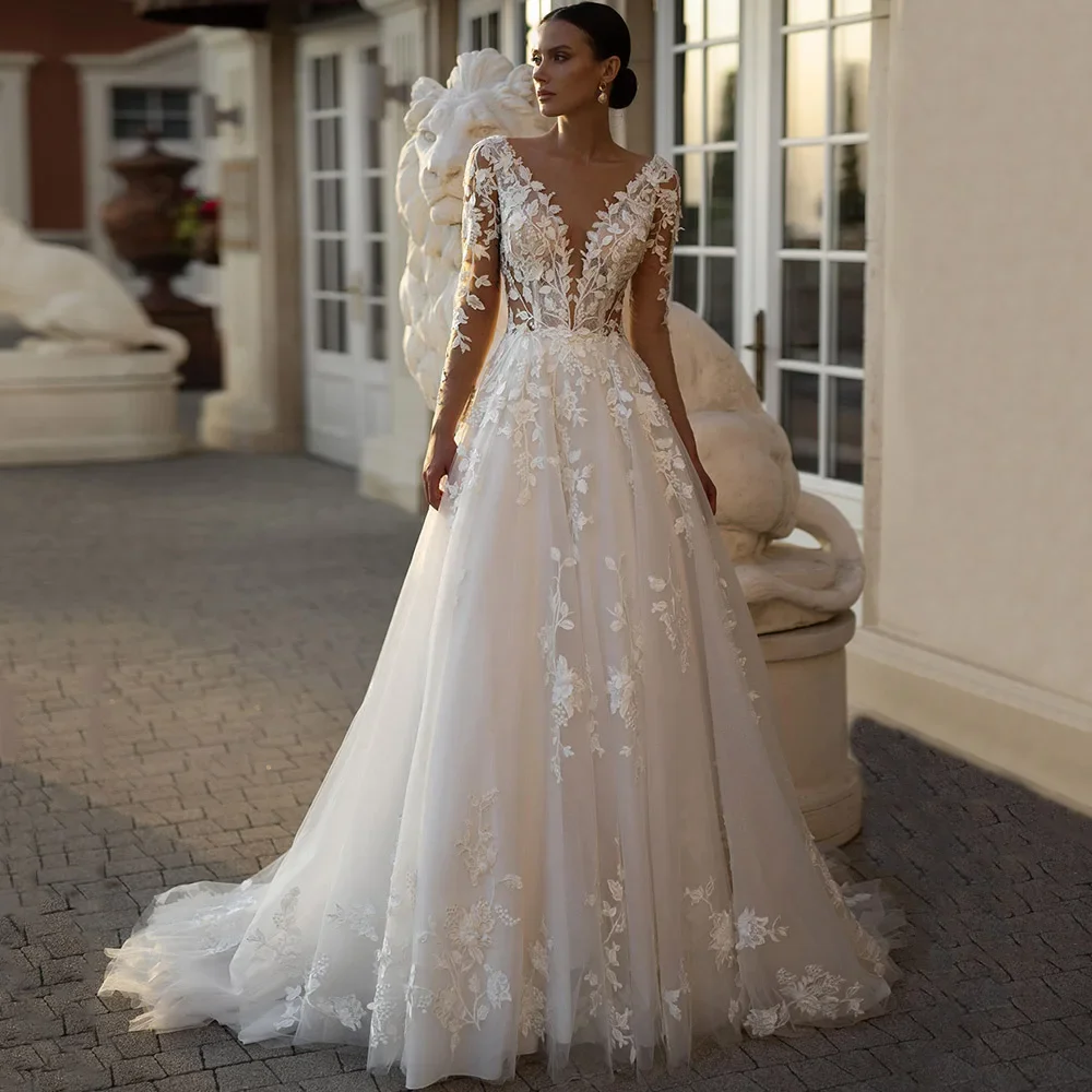 

Customized Luxury Long Sleeves V Neck Wedding Dress A Line Applique Lace Tulle Bridal Gown Sweep Train Vestidos De Noiva