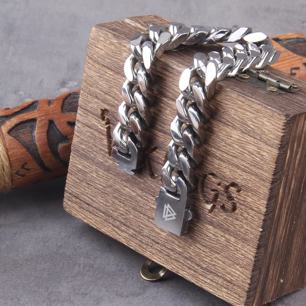 Never Fade Stainless Steel Vikings Bracelets For Men Blank Color Punk Curb Cuban Link Chain Bracelets with gift wooden box