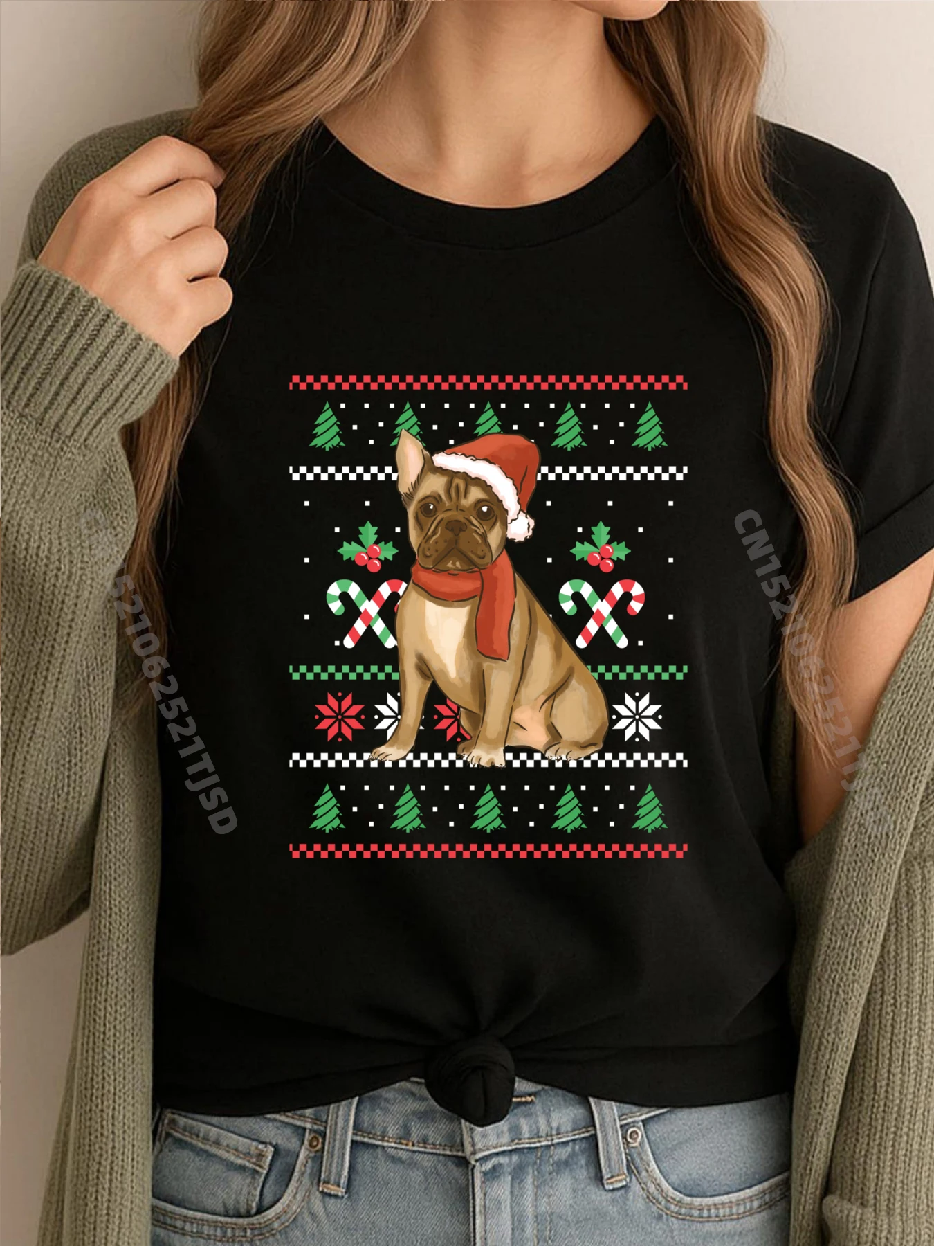 

Christmas French Bulldog Outfit Santa Christmas Woman T Shirts High Quality Printed T-Shirt Printed