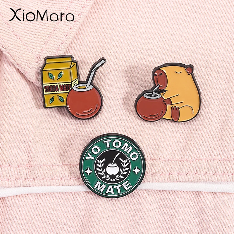 YO TOMO MATE Yerba Mate alfileres esmaltados lindo capibara bebidas Mate broches de té solapa mochila insignia joyería regalos para amigos