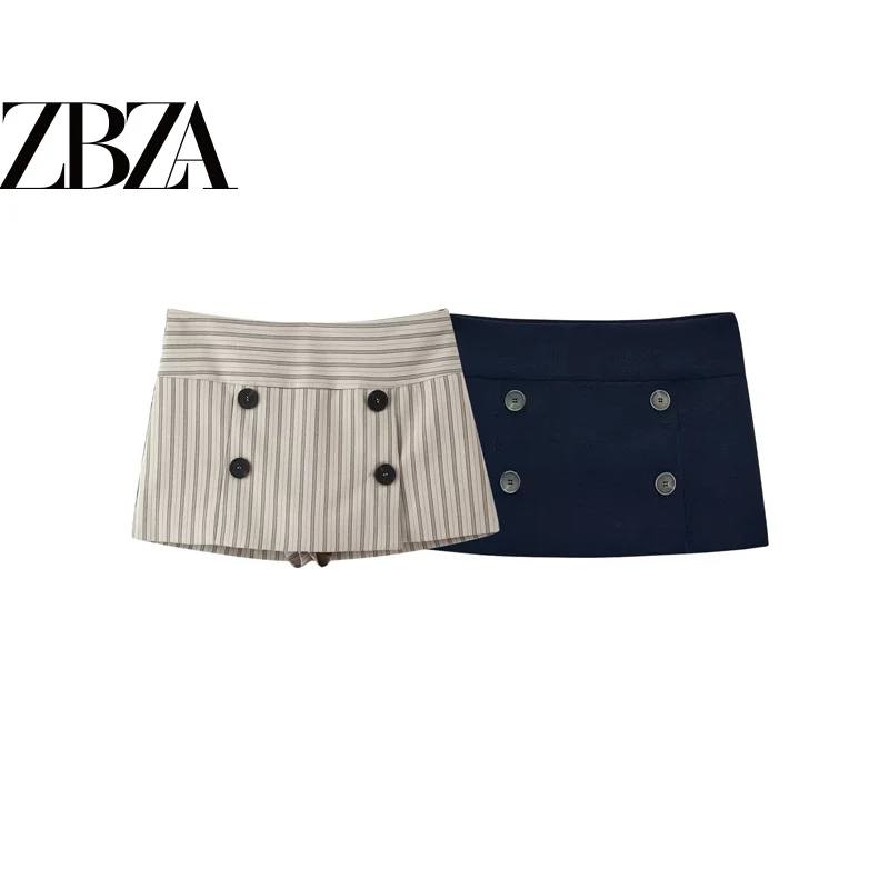 Fashionable Striped Decorative Button Women's Skirt Pants ZR Style Standard Fit O-Shaped Mid-Waist Polyester Fiber Skirt